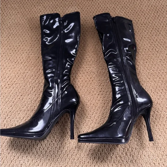 Black Patent Leather Knee-High Boots - Picture 2 of 3